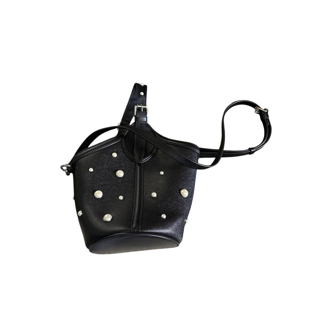 Rebecca Minkoff Black Studded Mini Bucket Bag Round Base Silver Hardware Read - Picture 9 of 9